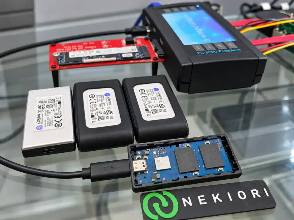 SSD externos USB Kingston y unidad abierta durante su evaluación en el laboratorio Nekiori